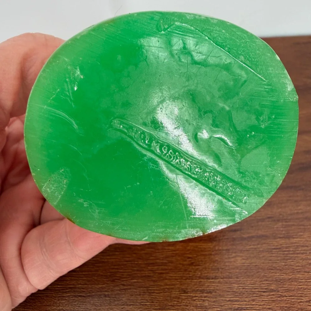 VTG 90s Fire Red & Green Translucent Resin Buddha Ogi Fan‎ & Wu Lou 3.75